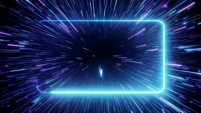 Abstract background with glowing blue neon frame and light streaks representing high speed motion or hyperspace travel 4k video