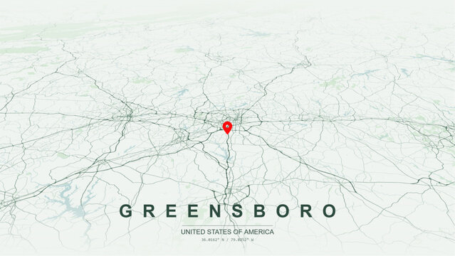 Modern minimalist vector map of Greensboro, North Carolina, USA. High-quality scalable illustration of Greensboro city grid, Lake Brandt contours for posters design.