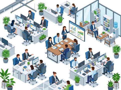 Business people working in isometric office layout using CAD technology for project management and team collaboration tasks