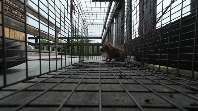 Internal camera footage shows a red squirrel inside a humane live trap as a person lifts the cage and places it onto a wooden ramp.
