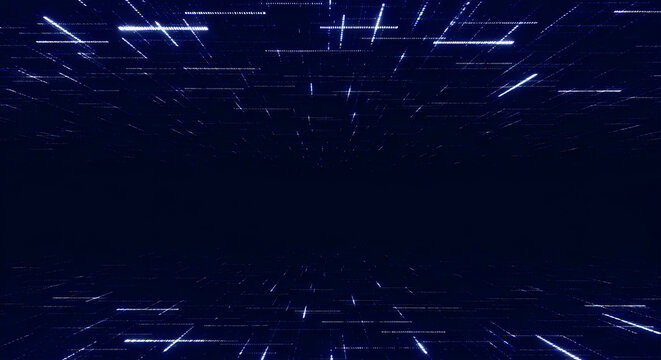 Abstract digital background featuring glowing blue lines forming a futuristic grid pattern that stretches into the dark infinite deep space