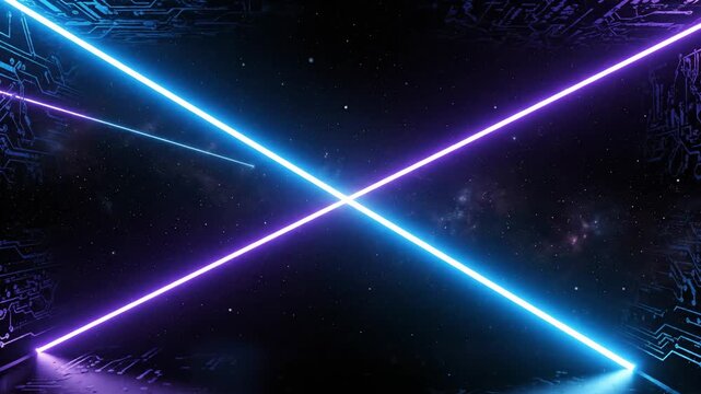 Dynamic neon laser beams intersect in a dark, futuristic circuit board tunnel against a starry space backdrop. Ideal for technology, gaming, and abstract projects.