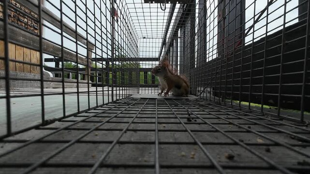 A red squirrel appears uncertain and curious after entering a non-lethal catch-and-release trap, filmed from inside the enclosure.