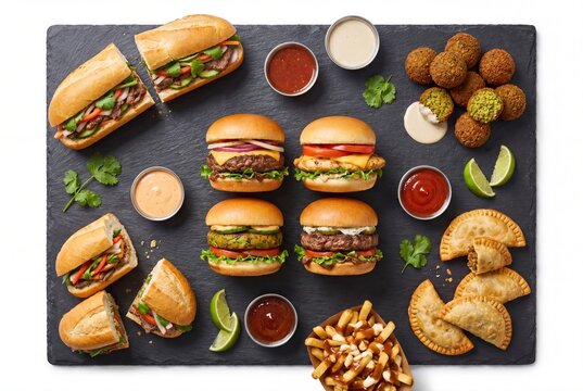 A delicious assortment of fast food items including burgers, sandwiches, falafel, empanadas, and poutine on a slate board.