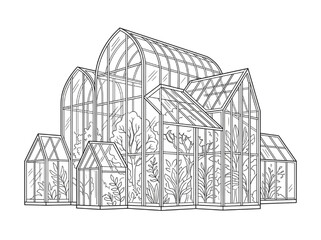 Fototapeta premium CAD technical drawing of a vintage botanical glass greenhouse conservatory with exotic plants for architectural and garden landscape design