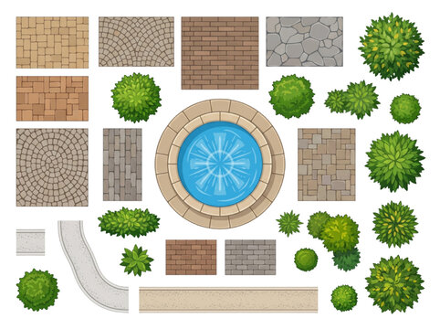 Detailed CAD Landscape Design Collection Overhead View Assets for Outdoor Space Planning, Including Fountain, Paving Patterns, and Diverse Shrubbery for Architectural Projects