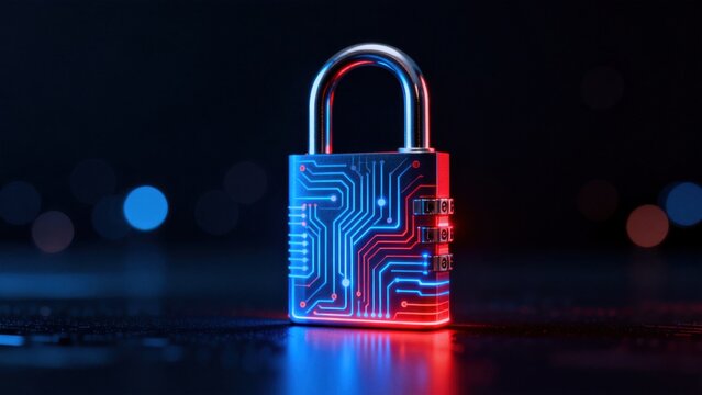 Cybersecurity padlock with glowing circuit
