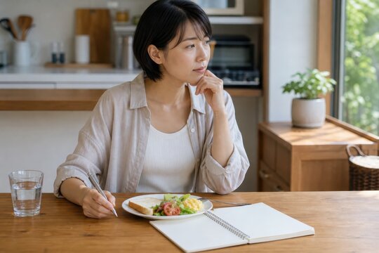 朝食を前にだるそうな表情の女性