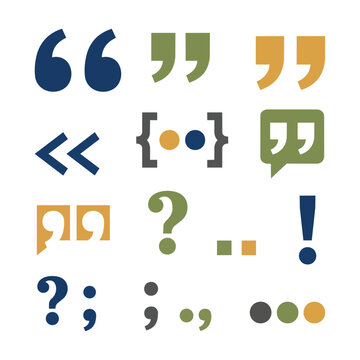 Varied set of modern quotation marks and decorative punctuation symbols in a clean flat style, isolated on white. Graphic communication concept