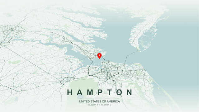 Modern minimalist vector map of Hampton, Virginia, USA. High-quality scalable illustration of Hampton city grid, Interstate 64, and Hampton Roads regional transit networks for posters design. 