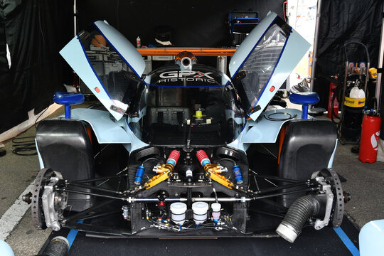 Scarperia, Italy - October 12th 2024: detail of the mechanics of Lola B12/80 Nissan Gulf Racing of 24H Le Mans 2012 ex J-D.Deletraz during practice session at Mugello Circuit.