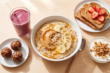 Fototapeta premium A delicious and healthy breakfast spread featuring oatmeal with peanut butter, banana, and chia seeds, alongside toast, smoothie, and yogurt.