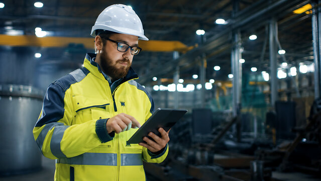 Industrial Worker in Hard Hat and Safety Vest Using Tablet in Factory