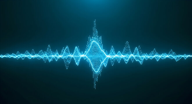 Glowing blue digital sound wave visualization composed of tiny bright particles against a dark background for modern technology data concepts
