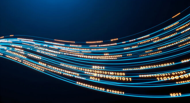 Glowing orange binary code streams flowing along vibrant blue light paths representing high speed data transfer in digital space environment