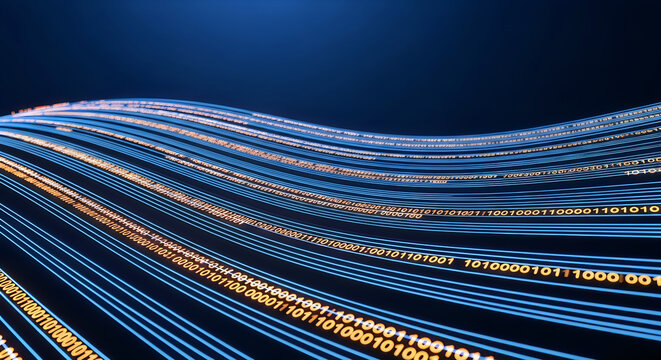Glowing blue digital data streams flowing across a dark background representing modern information technology and high speed internet network connectivity