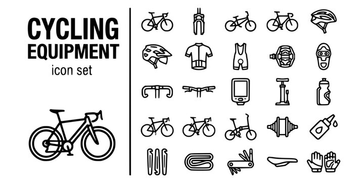 Cycling Equipment Complete Bold Line Icons-Road Bike Mountain Bike BMX Track Bike Helmet Jersey Shorts Clipless Pedal Handlebar Computer Pump-25 Cycling Equipment Icon Set Vector