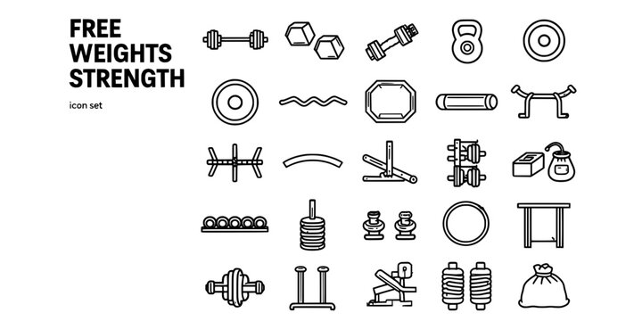 Free Weights Strength Training Equipment Bold Line Icons-Olympic Barbell Dumbbell Kettlebell Weight Plate Bumper EZ Curl Hex Trap Bar-25 Strength Equipment Icon Set Vector
