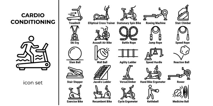 Cardio Conditioning Equipment Bold Line Icons-Treadmill Elliptical Spin Bike Rowing Machine Stair Climber Ski Erg Assault Bike Battle Rope Jump Rope-25 Cardio Equipment Icon Set Vector