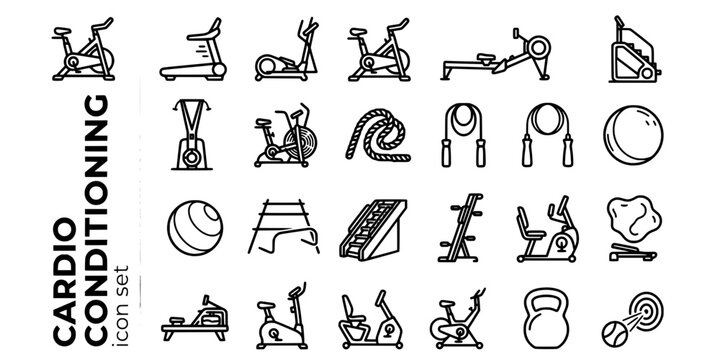 Cardio Conditioning Equipment Bold Line Icons-Treadmill Elliptical Spin Bike Rowing Machine Stair Climber Ski Erg Assault Bike Battle Rope Jump Rope-25 Cardio Equipment Icon Set Vector