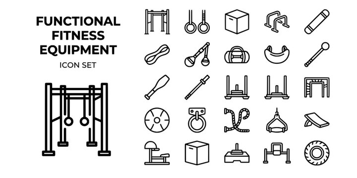 Functional Fitness CrossFit Equipment Bold Line Icons-Pull-Up Rig Gymnastic Rings Plyo Box Parallettes TRX Sandbag Mace Sled Landmine Prowler-25 Functional Equipment Icon Set Vector