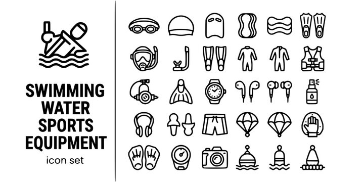 Swimming Water Sports Equipment Bold Line Icons-Goggles Swim Cap Kickboard Pull Buoy Fins Diving Mask Snorkel Wetsuit BCD Scuba Tank Monofin-25 Swimming Equipment Icon Set Vector