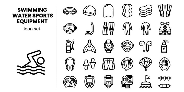 Swimming Water Sports Equipment Bold Line Icons-Goggles Swim Cap Kickboard Pull Buoy Fins Diving Mask Snorkel Wetsuit BCD Scuba Tank Monofin-25 Swimming Equipment Icon Set Vector