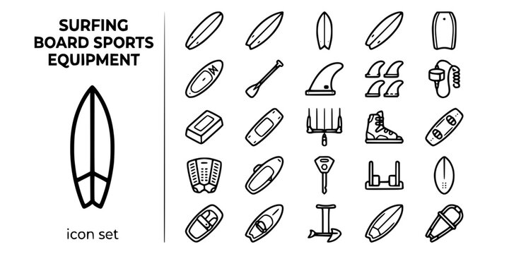 Surfing Board Sports Equipment Bold Line Icons-Longboard Shortboard Fish Surfboard Bodyboard SUP Paddle Kiteboard Wakeboard Fin Leash Wax-25 Board Sports Equipment Icon Set Vector