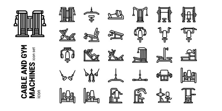 Cable Machine Gym Equipment Bold Line Icons-Cable Tower Lat Pulldown Seated Row Smith Machine Leg Press Leg Extension Hamstring Curl Pec Deck-25 Gym Machine Icon Set Vector