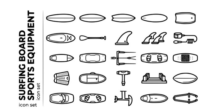 Surfing Board Sports Equipment Bold Line Icons-Longboard Shortboard Fish Surfboard Bodyboard SUP Paddle Kiteboard Wakeboard Fin Leash Wax-25 Board Sports Equipment Icon Set Vector