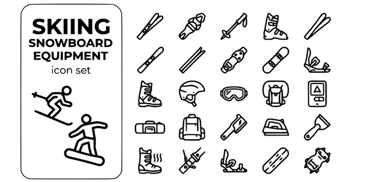 Skiing Snowboard Equipment Bold Line Icons-Alpine Ski Binding Ski Boot Ski Pole Slalom Downhill Cross-Country Snowboard Bindings Helmet Goggles Avalanche Beacon-25 Ski Equipment Icon Set Vector