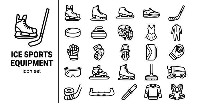 Ice Sports Equipment Bold Line Icons-Ice Hockey Skate Figure Skate Speed Skate Curling Stone Hockey Stick Puck Goalie Blocker Glove Helmet-25 Ice Sports Equipment Icon Set Vector