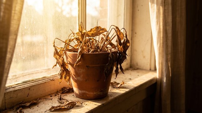Dead dried up houseplant in a terracotta pot on a dusty windowsill in warm evening sunlight