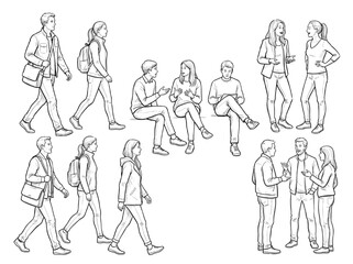 Fototapeta premium Collection of CAD line art illustrations depicting people in various poses and interactions for architectural visualization and design projects