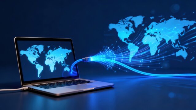 Laptop with glowing world map and fiber optic cable