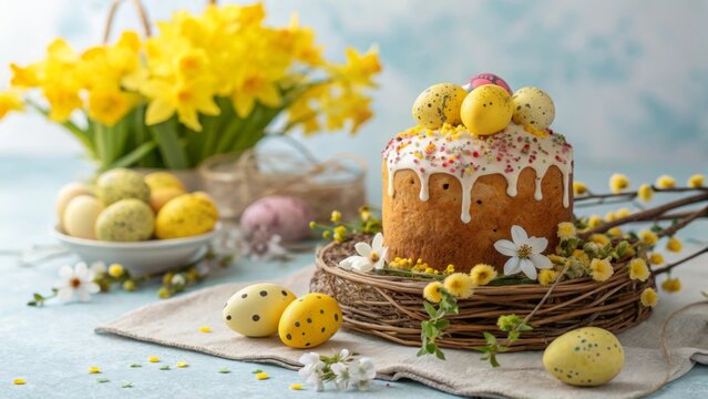 Easter cake decorated with colored eggs and flowers on a bright table setting