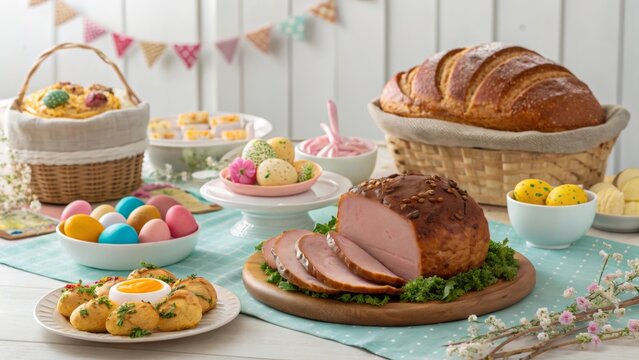 Delicious Easter feast with traditional ham, eggs, and festive bread on a spring table setting