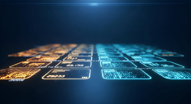 Glowing digital interface grid displaying complex financial data with vibrant orange and cool blue light patterns on dark background surface