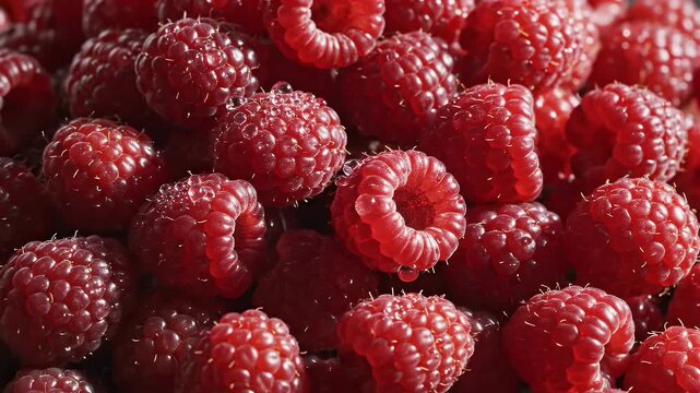 Fresh Ripe Red Raspberries Close Up with Detailed Texture and Dew Drops