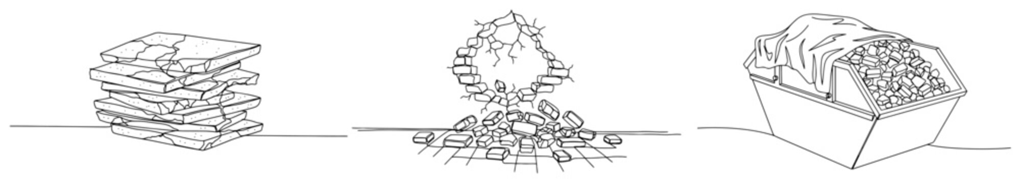 Construction waste and demolition set continuous line drawing, broken wall hole and dumpster with debris minimalist one line art vector
