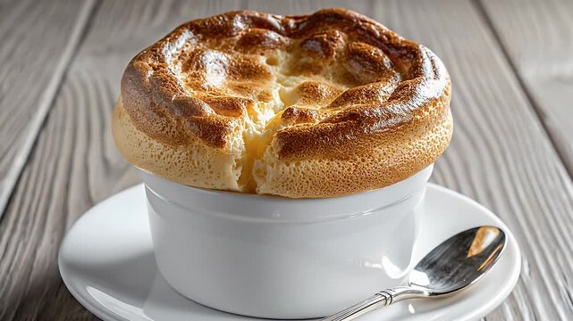 Golden Brown Cheese Souffle in a White Ramekin on Wooden Table