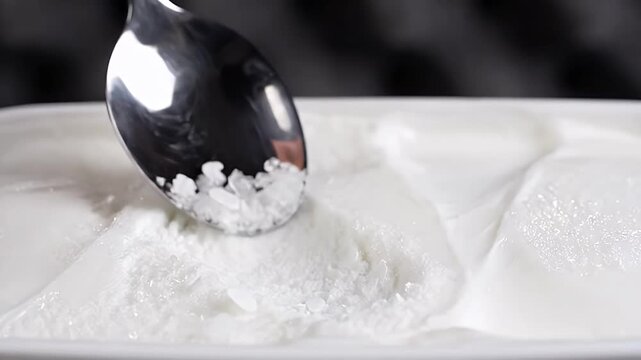 Close Up White Ice Cream Scoop Spoon Dessert Reflection Black Background