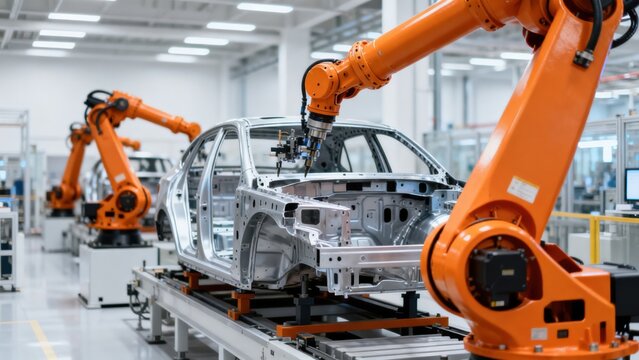 Car assembly line with robotic arms