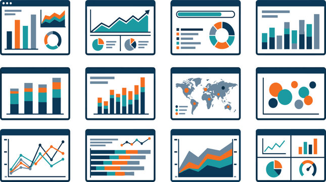 Business Data Dashboard and Analytics Icon Set with Bar Charts, Line Graphs, World Map, Pie Charts, and Reports for Corporate Presentation Designs