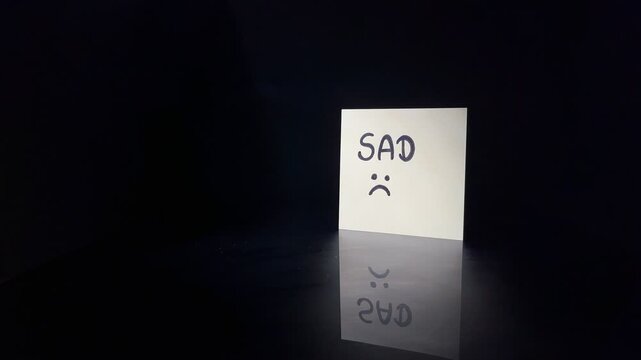 A hand swapping the "SAD" and "HAPPY" notes as a symbol of transformation and change of mood.