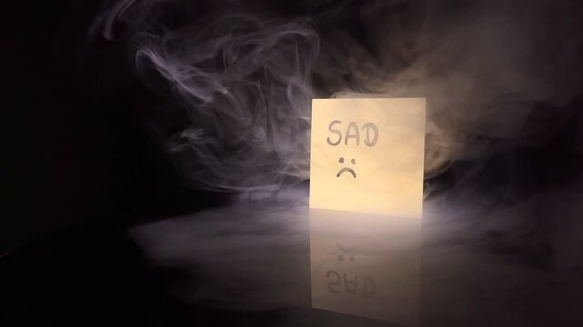A hand swapping the "SAD" and "HAPPY" notes as a symbol of transformation and change of mood. Slow motion video.