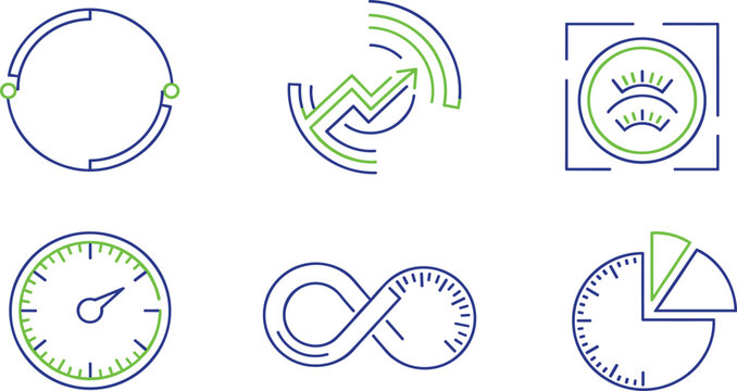 Business Performance and Time Icon Set with Speedometer, Clock, Infinity, Pie Chart, Signal Graph, and Gauge Symbols for Corporate Designs