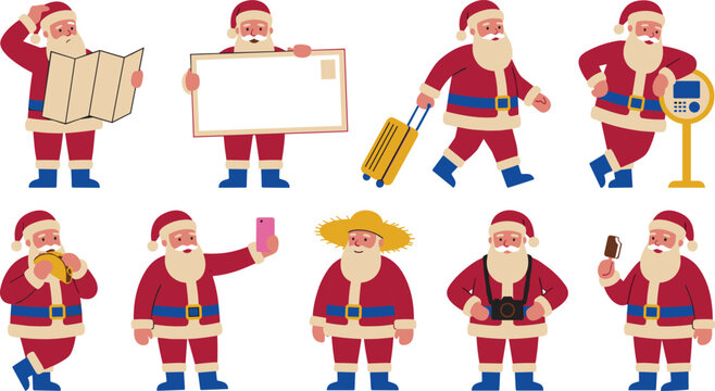 Christmas Santa Claus Travel and Tourist Character Icon Set with Festive Holiday Mascot Holding Map Suitcase Selfie Smartphone and Camera Elements