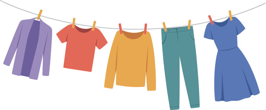 Clothes hanging on laundry line illustration, colorful garments drying isolated vector household lifestyle