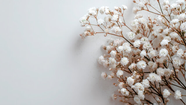 Delicate white baby's breath flowers are beautifully arranged on a light background, highlighting their airy and pure aesthetic.